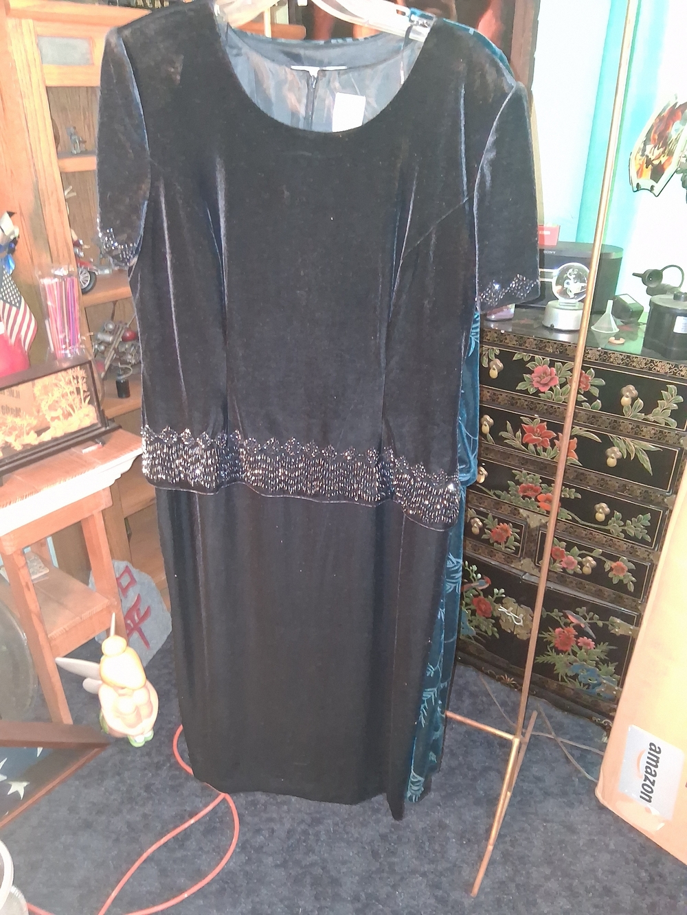 R & M Richards Black Velvet Beaded Waist Maxi Dress - Women